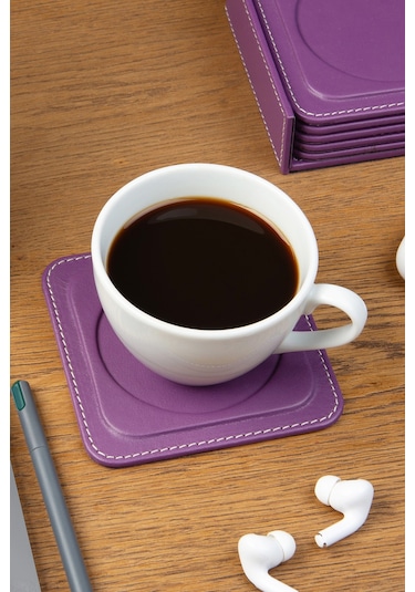 Bardak Altlığı,6 Lı Set,masaüstü Yuvarlak Cup Coaster,vegan Suni Deri,11x11 Cm.,lila Lila