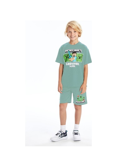 Erkek Çocuk Minecraft Şortlu Takım Mint Mint Yeşili