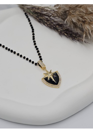 Siyah Taşlı Dorika Boncuklu Çelik Kalkan Kolye Siyah