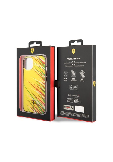 İphone Uyumlu 14 Kılıf Ferrari Lisanslı Baskı Logolu Çimen Desenli Kapak Sarı