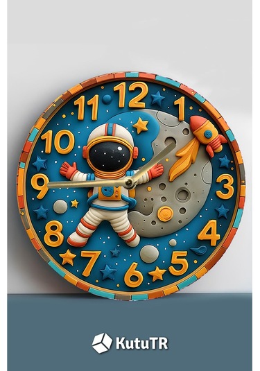 Astronot Ve Ay Temalı Mdf Çocuk Duvar Saati 3d Görünümlü, 2d Hd Baskı, Sessiz Mekanizma Sdw239 Renkli