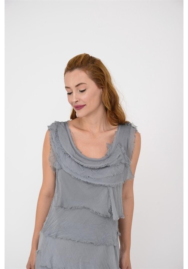 Italyan 2 Beden İnce Gösteren Kat Kat Kolsuz Ipek Elbise Koyu Gri