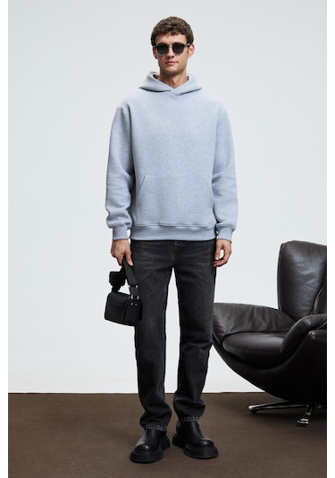 AMOS Erkek Yumuşak Kumaşlı 3 İplik Oversize Kapüşonlu Kanguru Cepli Grimelanj Sweatshirt