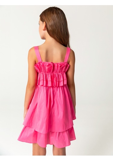 Sheshe Fırfır Göğüs Detaylı Pembe Askılı Kız Çocuk Elbise Renkli