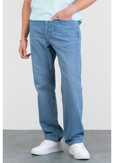 Erkek Açık Mavi Baggy Fit Bol Kesim Denim Loose Jeans Kot Pantolon Chris 001
