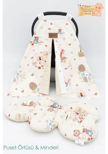 Bebek Ortopedik Puset Minder / Örtü, 2'li Avantajlı Puset Set, Askı Stil, Animal Serisi Kahverengi