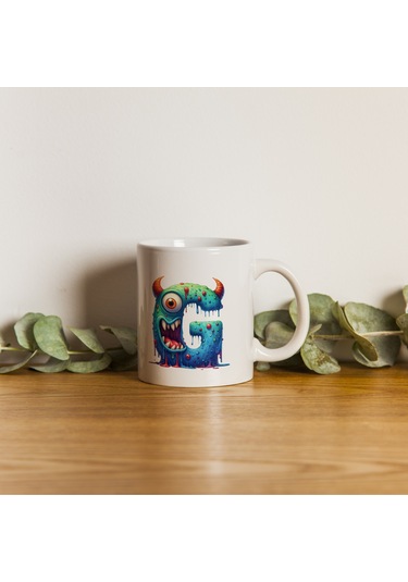 G Harfi Bardak, Sevimli Canavarlar Harflı Bardak Hediyesi Porselen Beyaz