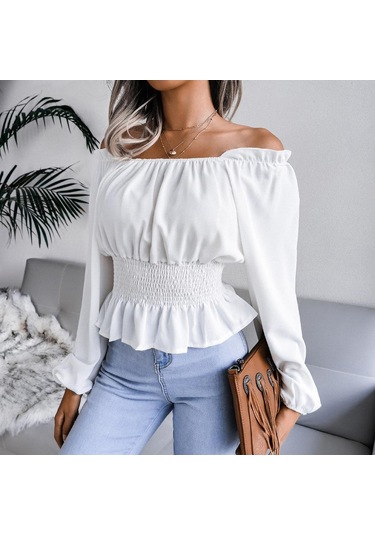 İlkbahar Ve Sonbahar Kadın Bluz Uzun Kollu Seksi Tek Boyun Straplez Hem Fırfır Şifon Bluz Tops Şarap Kırmızısı