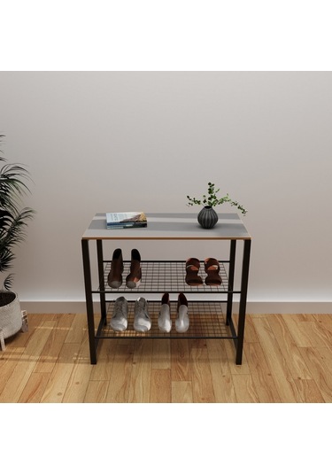 Geniş Metal Ayakkabılık Vestiyer 3 Katlı Ayakkabılık Füme 1362 Füme