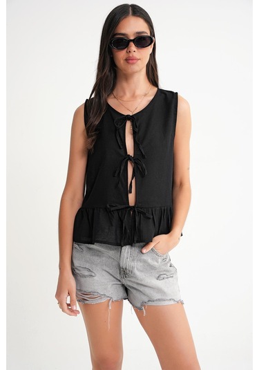 4717 Kadın Önü Bağcıklı Fırfırlı Kolsuz Keten Bluz Siyah Siyah