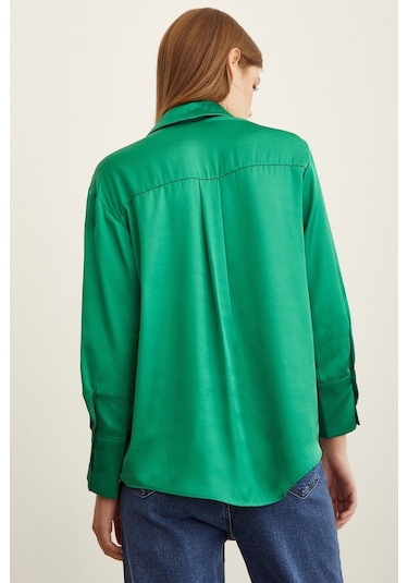 Never More Basic Saten Gömlek Yeşil