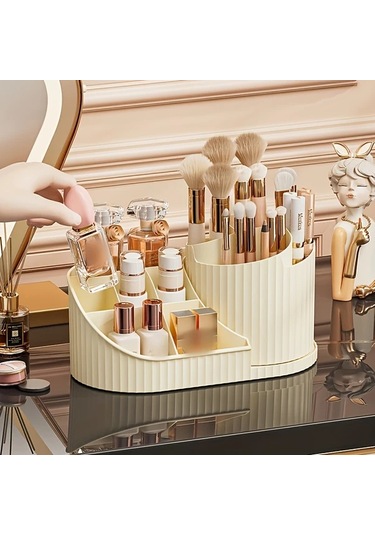 Meridiangoods 360 Dönen Beyaz Makup Organizatör Kutusu - Fırçalar, Rujlar, Cilt Bakımı İçin Kompakt Beyaz