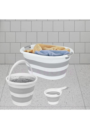 Vera Bath 3'lü Katlanır Multi Set Sepet-kova-maşrapa Beyaz - Gri