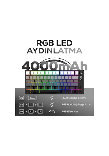 Hk255 Membrane Lcd Rgb Kablosuz/bluetooth Siyah Gradyan %75 Türkçe Gaming Klavye