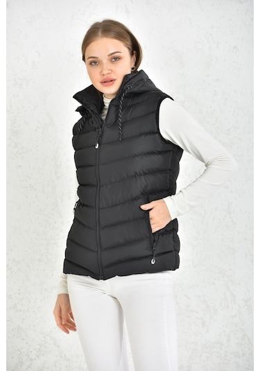 Wapp Unisex Çıkarılabilen Fermuarlı Kapüşonlu Günlük Şişme Yelek Siyah