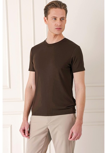 Slim Fit Bisiklet Yaka Düz Pamuklu Kahverengi Tişört Ts 823 Kahverengi