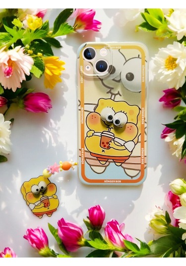 Apple Uyumlu iPhone 15 Sünger Bob Tasarımlı Charmlı Telefon Kılıfı Sarı