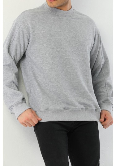 Kallima Gri Oversize 3 İplik Bisiklet Yaka Erkek Sweatshirt Gri