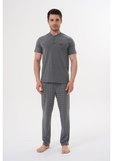 Mecit 2981 Füme Büyük Beden Kısa Kollu Erkek Pijama Takımı Füme