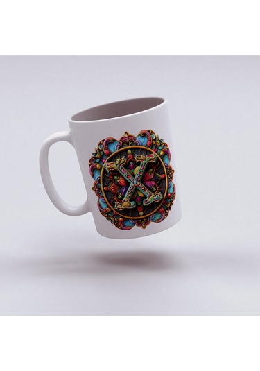 X Harfi Boho Bardak, Renkli Özel Tasarım Hediyelik Harfli Kupa, 330ml Porselen Beyaz