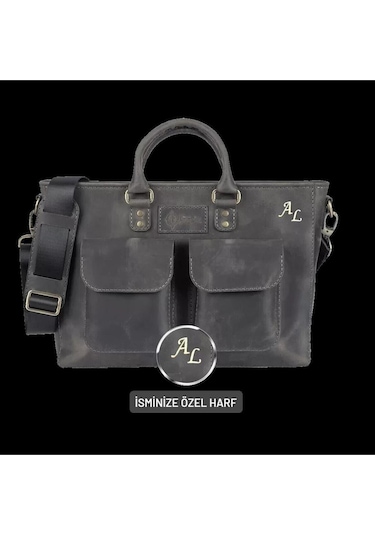 İsme Özel Askılı Cepli Evrak - Laptop Çantası - %100 Crazy Deri - Ac09003 - Antrasit-132280 Siyah