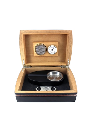 Cedar Alman Şeritli Humidor Puro Kutusu ve Aksesuar Seti Siyah