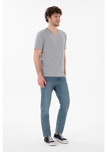 U.S. Polo Assn. Erkek Regular Fit  V Yaka Gri Melanj Basic Tişört 50305858-VR086
