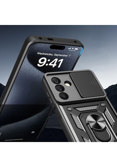 Teknomoda Samsung Galaxy Uyumlu A26 Kılıf Yüzüklü Standlı Sürgülü Kamera Korumalı Tank Sert Silikon Kapak Siyah