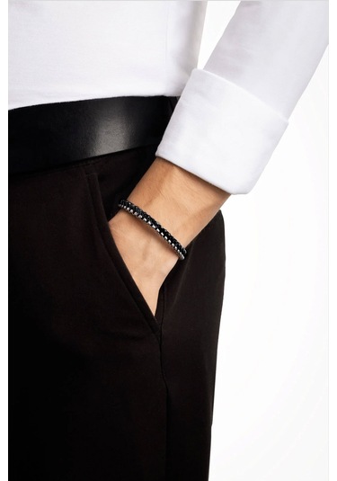 Siyah Taş Detaylı 22 Cm Çelik Erkek Bileklik Siyah