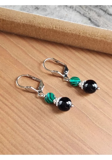 Onika Ve Malahit Taşı Gümüş Kaplama Küpe çok renkli
