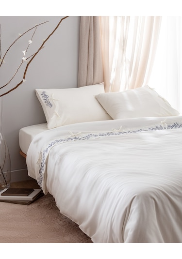 Madame Coco Relief King Size %100 Pamuk Bağlamalı Nevresim Takımı - Ekru/lacivert Çok Renkli