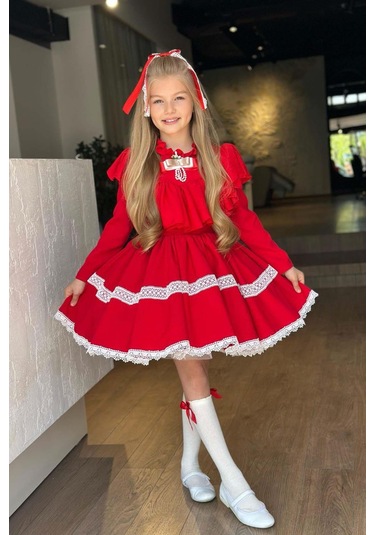 Riccotarz Kız Çocuk Göğsü Ve Yakası Fırfırlı Eteği Pliseli Dantel Şerit Detaylı Kırmızı Elbise Kırmızı