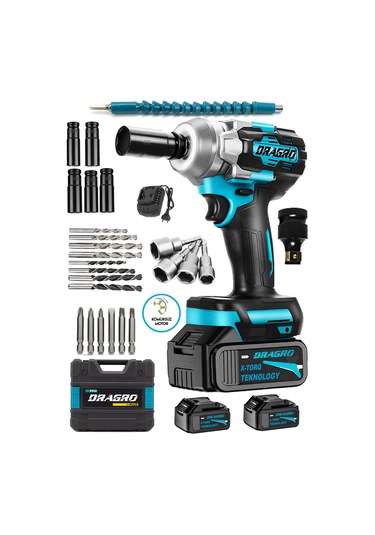 Dragro Alman 450NM DRG-598VF 20 AH Kömürsüz Çift Bataryalı Somun Sökme Sıkma Makinesi 32 Parça Full Setli Mavi