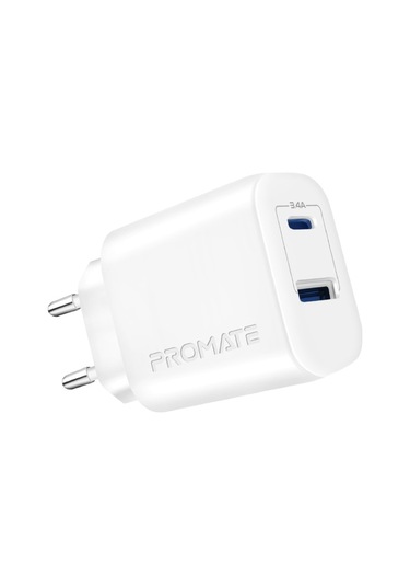 Promate BiPlug-2 17W Yüksek Hızlı Şarj Cihazı, Type-C, USB Beyaz