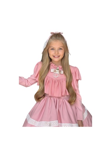 Riccotarz Kız Çocuk Göğsü Ve Yakası Fırfırlı Eteği Pliseli Dantel Şerit Detaylı Pudra Elbise Pudra