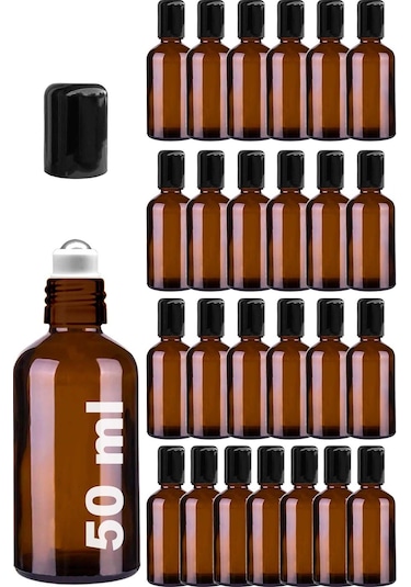 Çelik Roll On Şişesi 50 ML Sızdırmaz Siyah Kapaklı Amber Cam Şişe 25 Adet