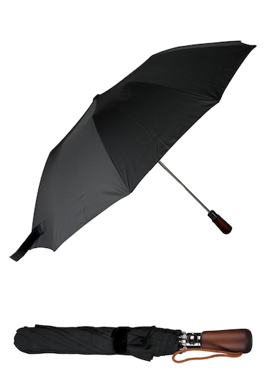 Ahşap Sap 110 Cm Elegant Otomatik Çelik 10 Telli Siyah Şemsiye Rüzgar Korumalı Ponçi Kumaş Siyah
