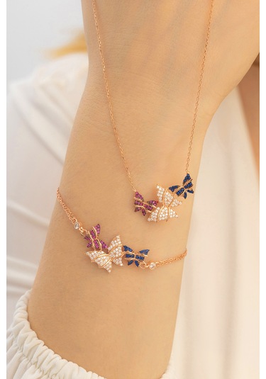 Rose Kelebek Model Gümüş Kolye Bileklik Set