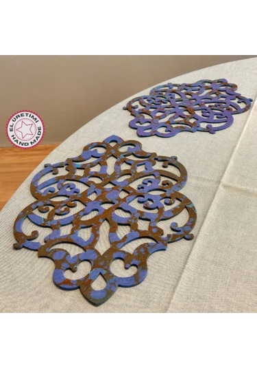 Uretti - Gülin 6449 - Ebru Sanatı İle Elde Yapılmış Lazer Kesim Keçe Supla 2li Takım 40cm - Mavi Mavi