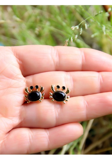 Esha Store Doğal Taş Oniks Doğal Taşlı Yengeç Altın Kaplama Kadın Küpe Euk21o Siyah