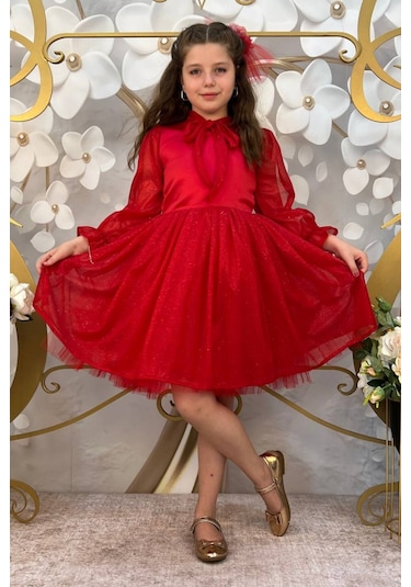 Kırmızı Tül Etekli Simli Çocuk Elbise 001