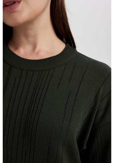 Defacto Regular Fit Bisiklet Yaka Basic Düz Uzun Kollu Krep Midi Triko Elbise A9806AX23WNKH414 Haki