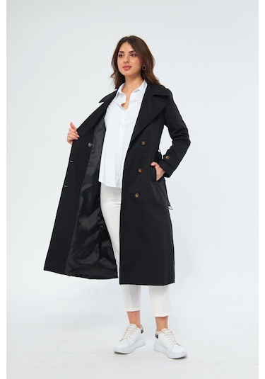 %100 Pamuk Ekstra Uzun 120cm Kruvaze Kadın Trençkot 1121 Siyah