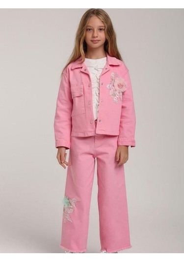 Kız Çocuk Cepli Tül Çiçekli Kot Ceket-15582 Pembe