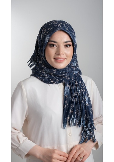 Lacivert-vizon Pratik Hazır Geçmeli Tesettür Eşarp Kesik Elyaf Piliseli Çiçek Desenli 1818d6 210