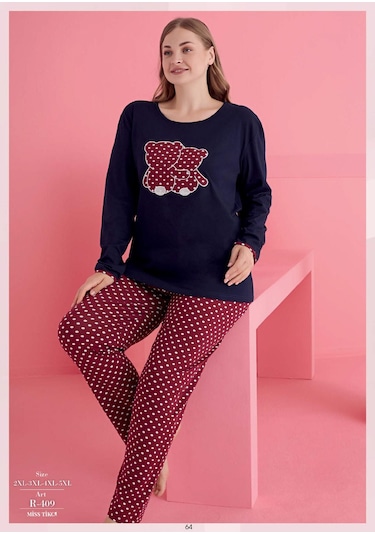 Büyük Beden Pamuklu Ayıcık Desenli Pijama Takımı Lacivert