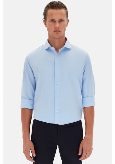 D'S Damat Ds Damat Slim Fit Açık Mavi Italyan Yaka Armürlü Uzun Kollu Kolay Ütülenebilir Nefes Alan Dört Mevsi 2HF02ORT3185 Açık Mavi