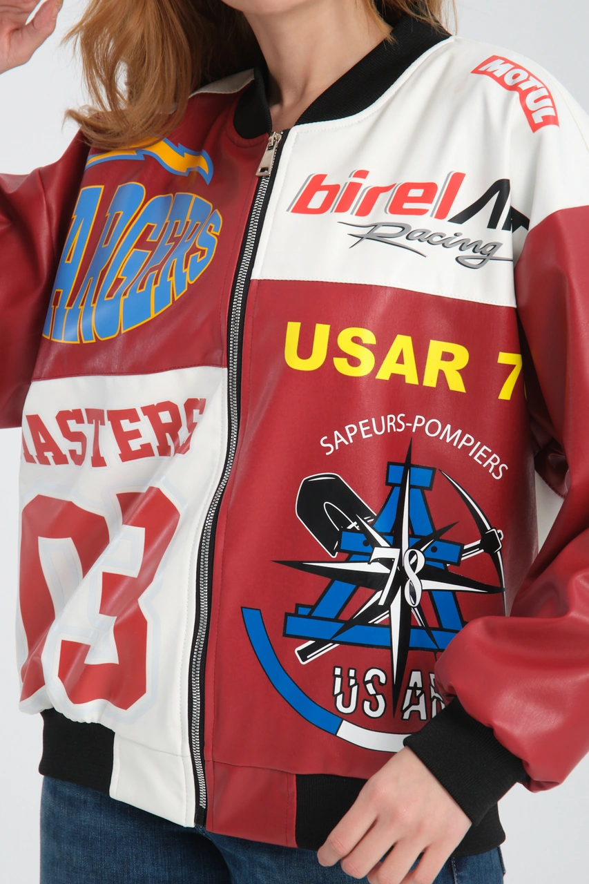 Kadın Oversize Baskılı Deri Motorcu Montu Fermuarlı Yarışçı Ceket Astarlı Bomber Kolej Mont Kırmızı Kadın Oversize Baskılı Deri Motorcu Montu Fermuarlı Yarışçı Ceket Astarlı Bomber Kolej Mont Kırmızı