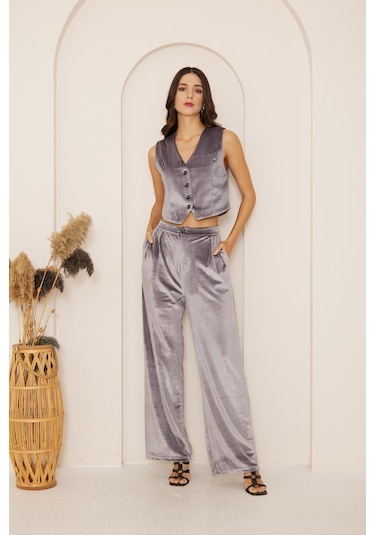 Darlin Moda Kadın Antrasit Yüksek Bel Geniş Paça Kadife Pantolon Dm3002 Antrasit
