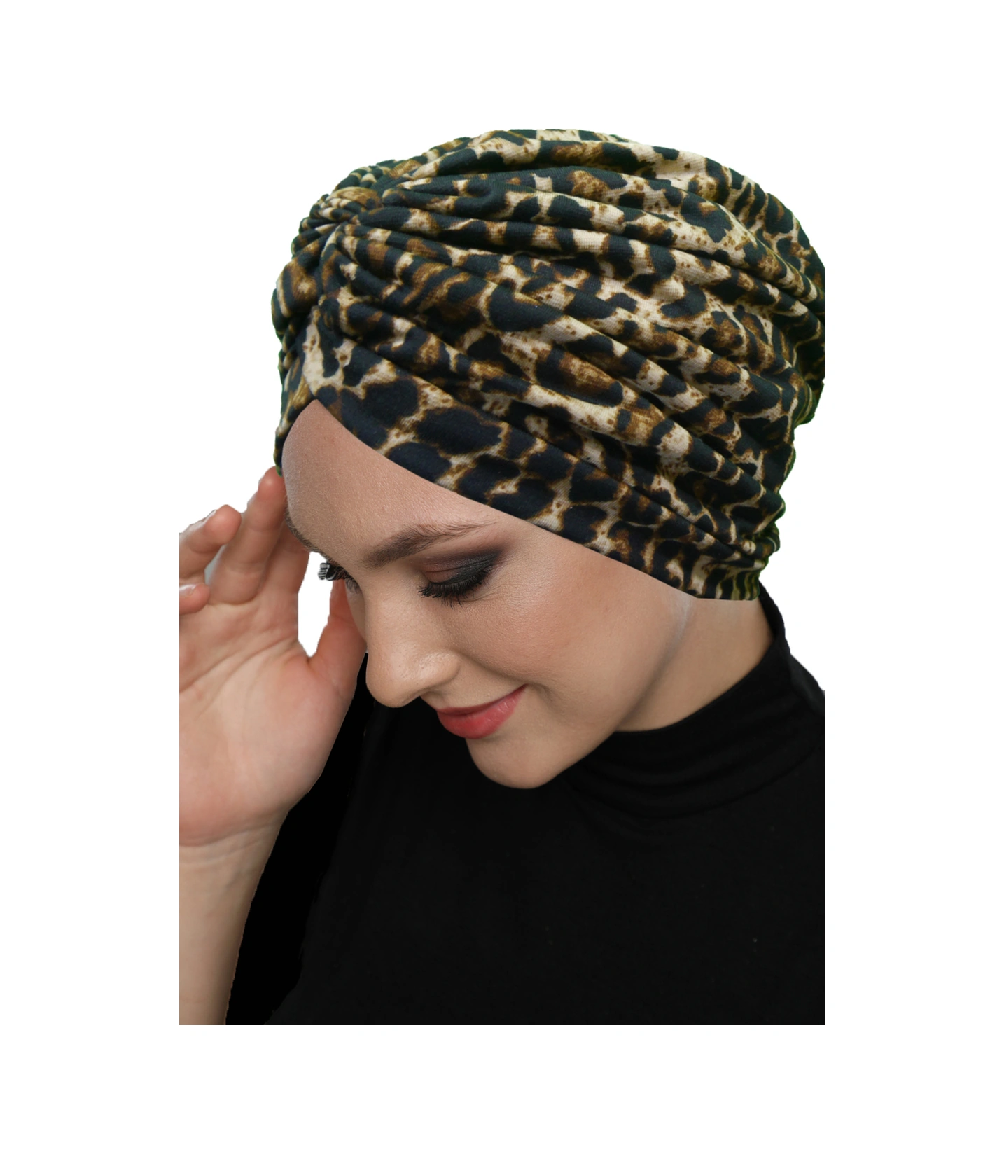 Savanna Vog Desenli Çapraz Ve Bant Detaylı Astarlı Hazır Türban Tesettür Havuz Bonesi Koyu Leopar